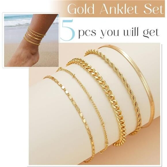 Gold Anklet Set for Women 14K Plated Waterproof Layered Cuban Chain Bracelets - Picture 5 of 6